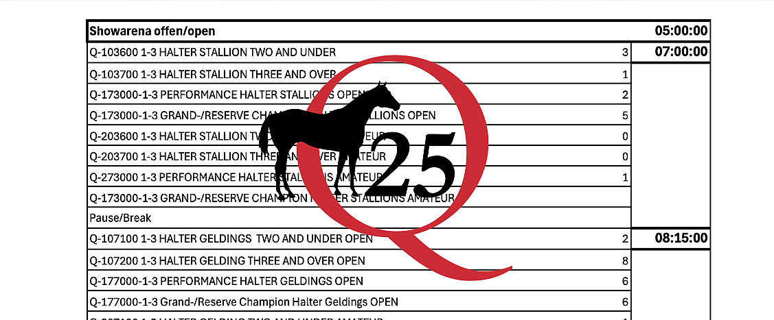 Ausschnitt aus einem Zeit- und Klassenplan einer Pferdeshow in Tabellenform. Aufgelistet sind verschiedene Halter- und Performance-Halter-Klassen für Hengste und Wallache mit Klassenbezeichnungen, Nummern und Teilnehmerzahlen. Rechts stehen Uhrzeiten für den Ablauf, darunter eine Pause. Über der Tabelle liegt ein rotes „Q25“-Logo mit stilisiertem Pferd.