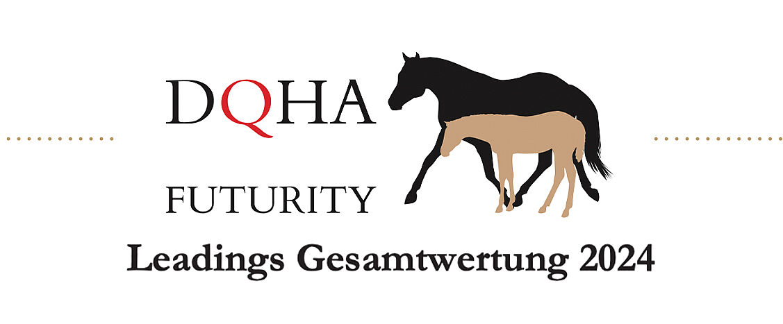 Logo mit zwei Pferden und dem Text 'DQHA FUTURITY Leadings Gesamtwertung 2024'