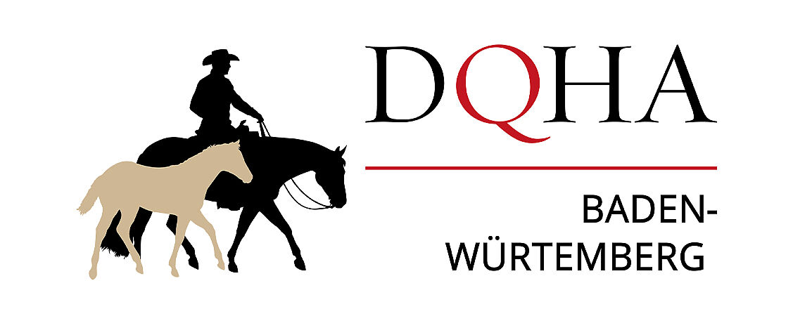 Logo der DQHA Regionalgruppe Baden-Württemberg mit Reiter- und Pferdesilhouetten.