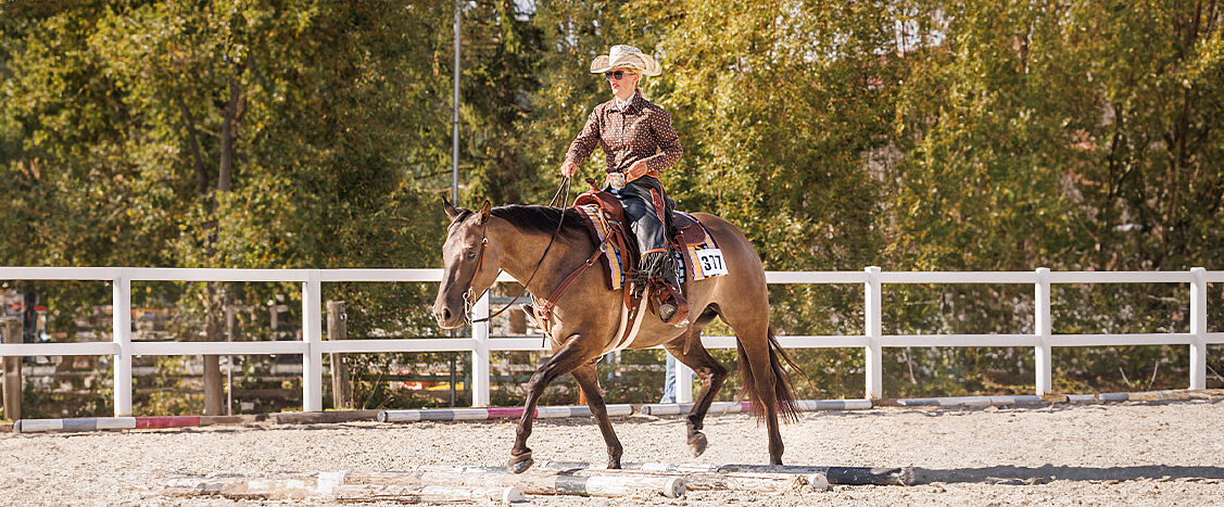 Eine Person mit Westernhut reitet ein gesatteltes Pferd über Bodenstangen auf einem Reitplatz; am Sattel ist die Startnummer „317“ befestigt. Im Hintergrund sind eine weiße Umzäunung und Bäume zu sehen.