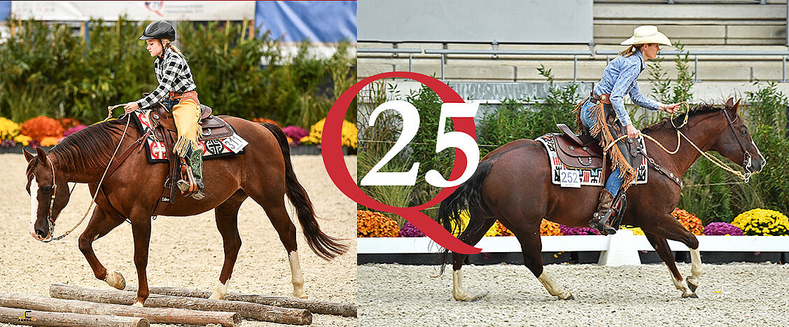 Geteiltes Bild mit zwei Reitszenen aus dem Westernsport. Links reitet eine junge Reiterin in Westernkleidung ein braunes Pferd über Holzstangen im Sand. Rechts ist eine Reiterin mit Cowboyhut auf einem braunen Pferd in schneller Vorwärtsbewegung zu sehen, sie hält ein Lasso in der Hand. In der Mitte über beiden Bildern liegt ein rotes, kreisförmiges „Q25“-Logo. Im Hintergrund sind Reitplatz, Bande, Tribüne sowie bunte Blumenarrangements zu erkennen.