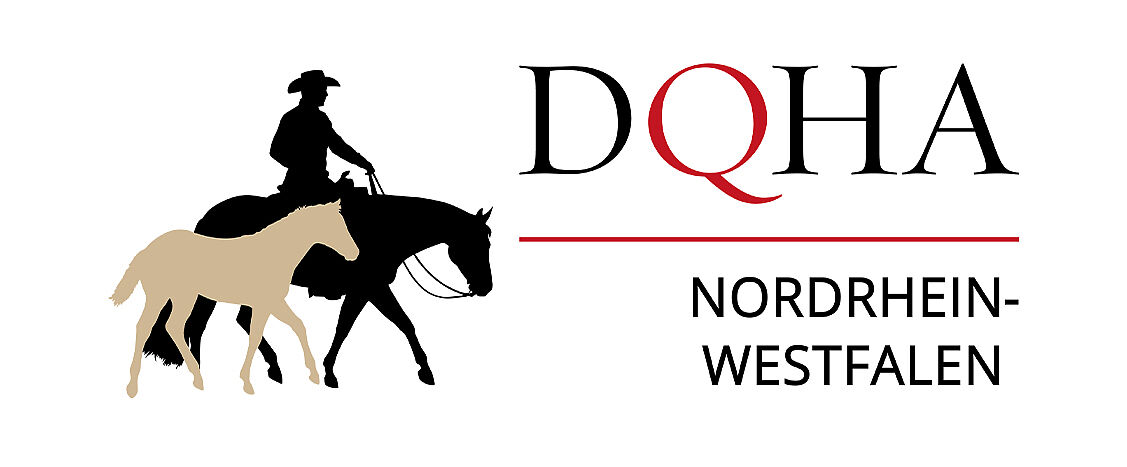 Logo der DQHA Regionalgruppe Nordrhein-Westfalen mit Reiter- und Pferdesilhouetten.