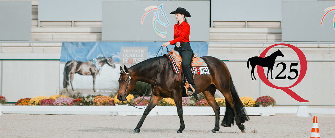 Eine Person in rotem Hemd und schwarzem Westernhut reitet ein dunkelbraunes Pferd in einer Reithalle; am Sattel ist die Startnummer „193“ befestigt. Im Hintergrund Banner der Deutschen Quarter Horse Association sowie rechts ein rundes Logo mit Pferdesilhouette und der Zahl „25“.