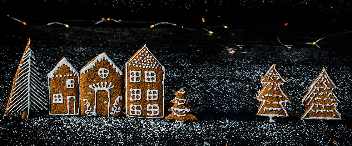 Mehrere liebevoll verzierte Lebkuchenhäuser und -bäume stehen auf dunklem Untergrund, leicht mit Puderzucker bestäubt. Im Hintergrund sorgen kleine Lichter für eine stimmungsvolle, weihnachtliche Atmosphäre.