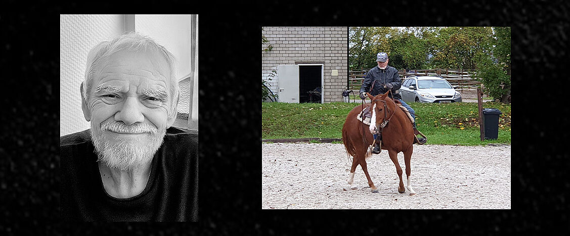 Links ist ein schwarz-weißes Porträt eines älteren Mannes mit Bart, der ruhig in die Kamera lächelt. Rechts reitet derselbe Mann entspannt ein Pferd auf einem Reitplatz im Freien.