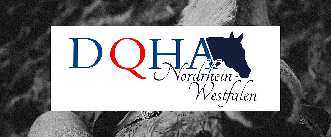 Logo von DQHA Nordrhein-Westfalen mit den Buchstaben „DQHA“, rotem „Q“ und einer schwarzen Pferdekopf-Silhouette, darunter der Schriftzug „Nordrhein-Westfalen“.