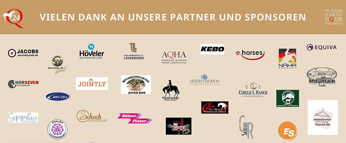 Grafik mit der Überschrift „VIELEN DANK AN UNSERE PARTNER UND SPONSOREN“. Darunter eine Übersicht aus vielen Partner- und Sponsorenlogos auf hellem Hintergrund, rechts oben das Logo der Deutschen Quarter Horse Association.