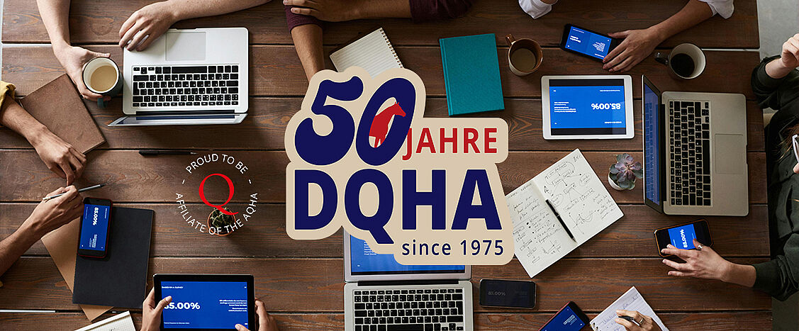 Auf einem Holztisch arbeiten mehrere Personen gemeinsam mit Laptops, Tablets, Notizbüchern und Kaffee. In der Mitte liegt ein großes Jubiläumslogo „50 Jahre DQHA – since 1975“, das Teamarbeit und moderne Verbandsarbeit symbolisiert.
