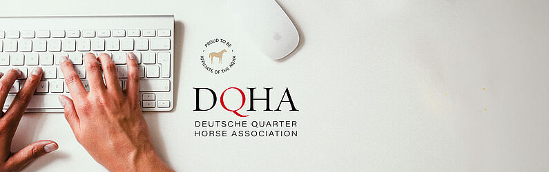 Zwei Hände tippen auf einer weißen Tastatur; daneben steht der Text „DQHA – Deutsche Quarter Horse Association“ sowie „Proud to be affiliate of the AQHA“ mit Pferdesymbol auf hellem Hintergrund.
