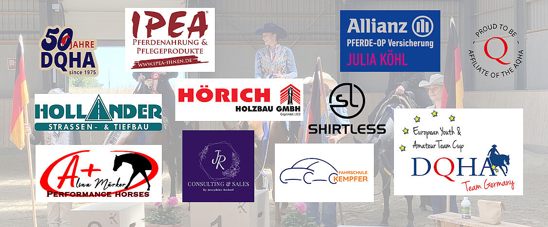 Übersichtliches Sponsorenmotiv mit vielfältigen Partnerlogos aus den Bereichen Pferdesport, Bau, Versicherung, Ausbildung und Dienstleistungen. Die Collage steht für starke Unterstützung, Netzwerk und Engagement rund um DQHA, Nachwuchs- und Teamwettbewerbe.