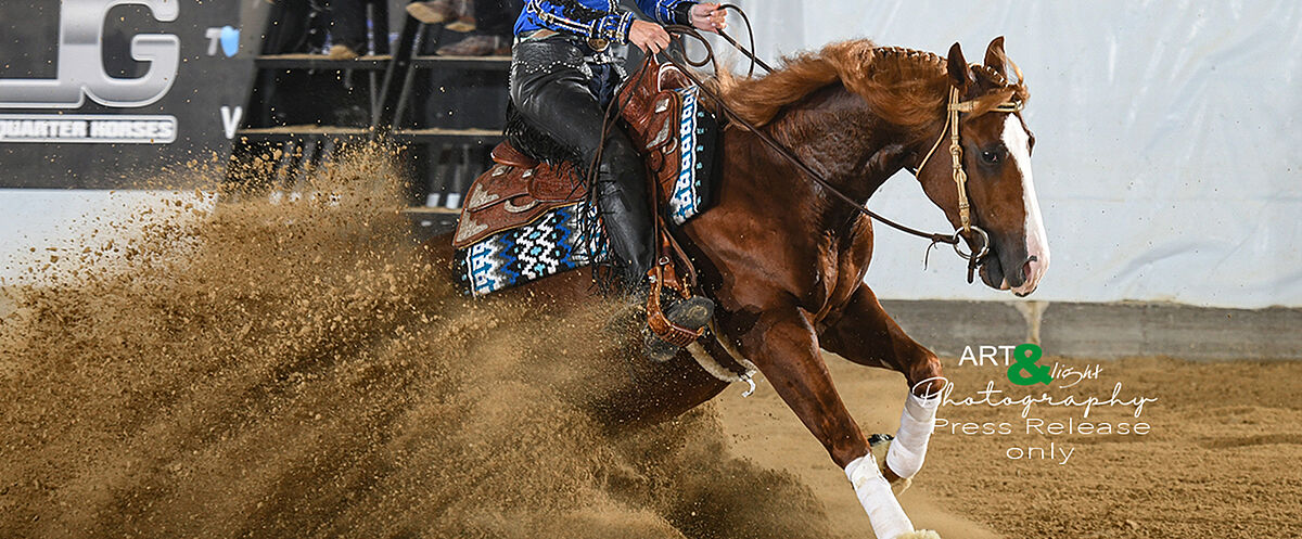 Reining-Pferd mit Reiter in einer Halle während eines Sliding Stops, bei dem das Pferd stark abbremst und eine große Sandwolke aufwirbelt; die Szene zeigt Dynamik, Präzision und Geschwindigkeit des Westernreitens.