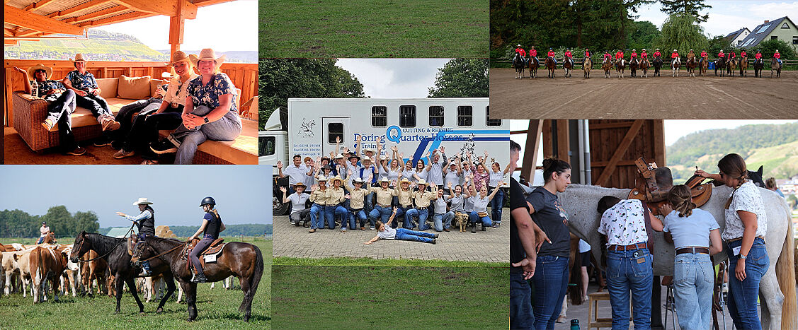 Collage mit mehreren Fotos aus dem Westernreit-Bereich: Gruppen von Personen mit Cowboyhüten, Reiterinnen und Reiter auf Pferden, eine große Gruppe vor einem Pferdetransporter sowie gemeinsames Satteln eines Pferdes im Stall.