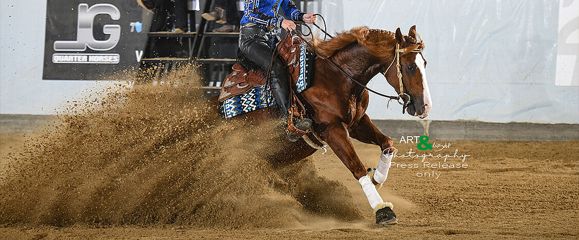 Ein Actionfoto zeigt ein Chestnut-Quarter-Horse mit weißer Blesse in einer Reining-Stop-Bewegung in der Halle, wobei eine große Sandwolke aufgewirbelt wird. Das Pferd trägt Westernsattel und weiße Bandagen, der Reiter sitzt tief im Sattel. Im Hintergrund ist eine Hallenwand zu sehen.