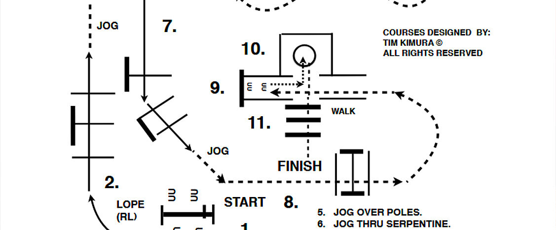 Schwarz-weiße schematische Zeichnung eines Ranch-Trail-Patterns für den Westernreitsport. Dargestellt ist der Parcours mit nummerierten Hindernissen, Start- und Zielbereich sowie eingezeichneten Linien für Gangarten und Richtungen. Beschriftungen wie „Jog“, „Walk“, „Lope (RL)“, „Jog over Poles“ und „Jog thru Serpentine“ zeigen die geforderten Gangarten. Pfeile und gestrichelte Linien verdeutlichen den Ablauf und die Reihenfolge der Aufgaben.