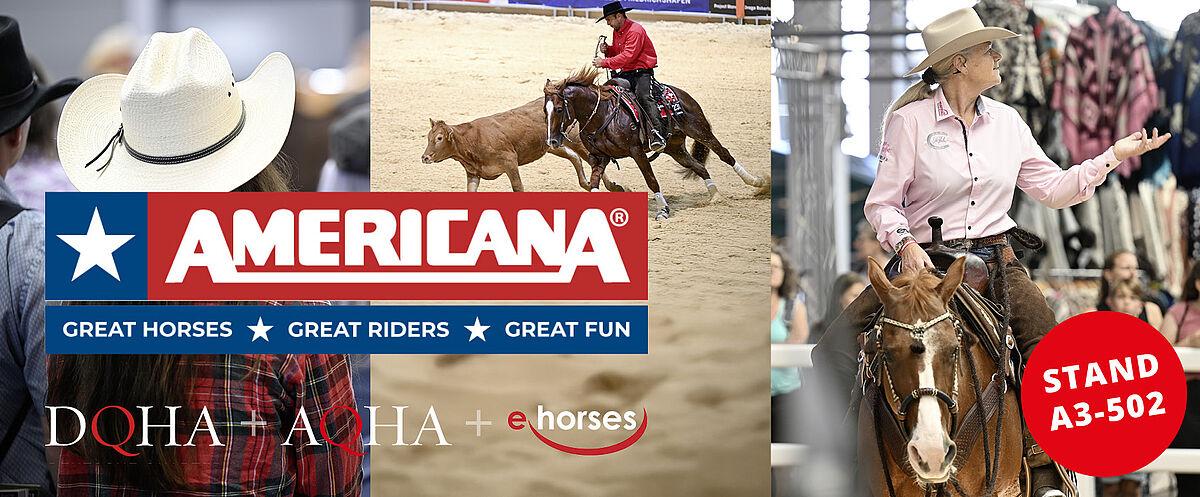 Dreigeteilte Collage mit Westernreit-Szenen: links Messepublikum mit Cowboyhüten, in der Mitte ein Reiter bei der Arbeit mit einem Rind, rechts eine Reiterin in einer Messehalle. Darüber das AMERICANA-Logo mit dem Slogan „Great Horses · Great Riders · Great Fun“, unten die Logos DQHA, AQHA und ehorses sowie der Hinweis „Stand A3-502“.